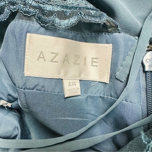 Azazie Dusty/ steele Blue Chiffon V-Neck A-Line Slit Bridesmaids Dress Size 14 - Picture 9 of 11